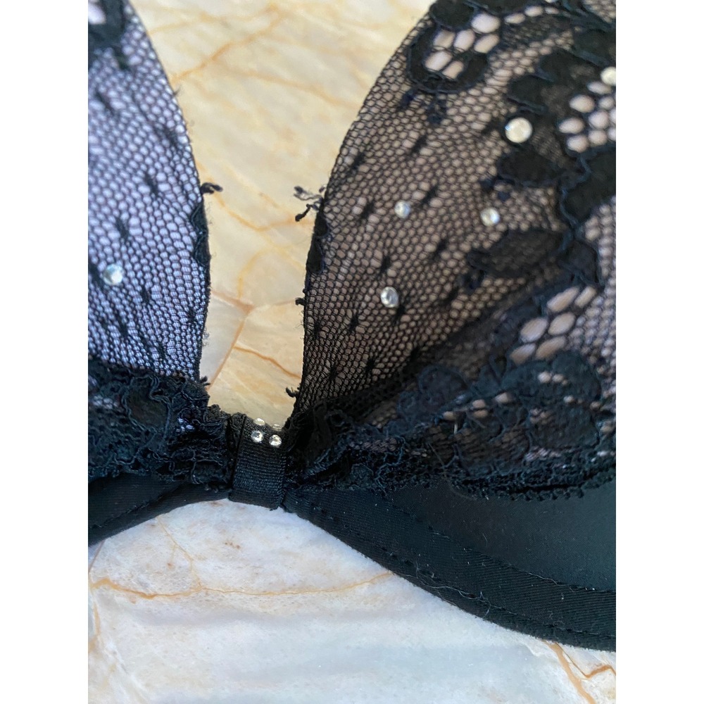 Victoria's Secret Padded Demi Bra Black Lace Rhinestone 32B Floral Scallop Trim - Picture 2 of 14
